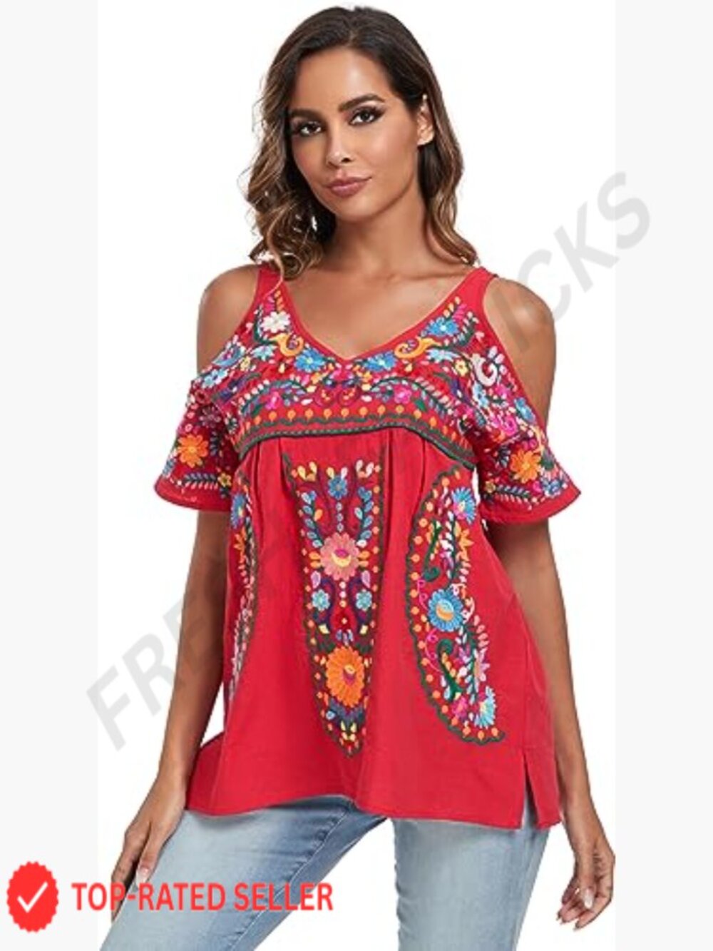 Mexican Embroidered Tunic Cold Shoulder V-Neck Boho Chic Summer Blouse - Picture 2 of 7
